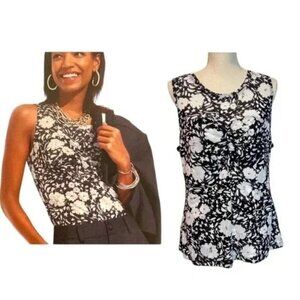 CABI Flower Burst Sleeveless Blouse Black White Sz L #6105 NWOT